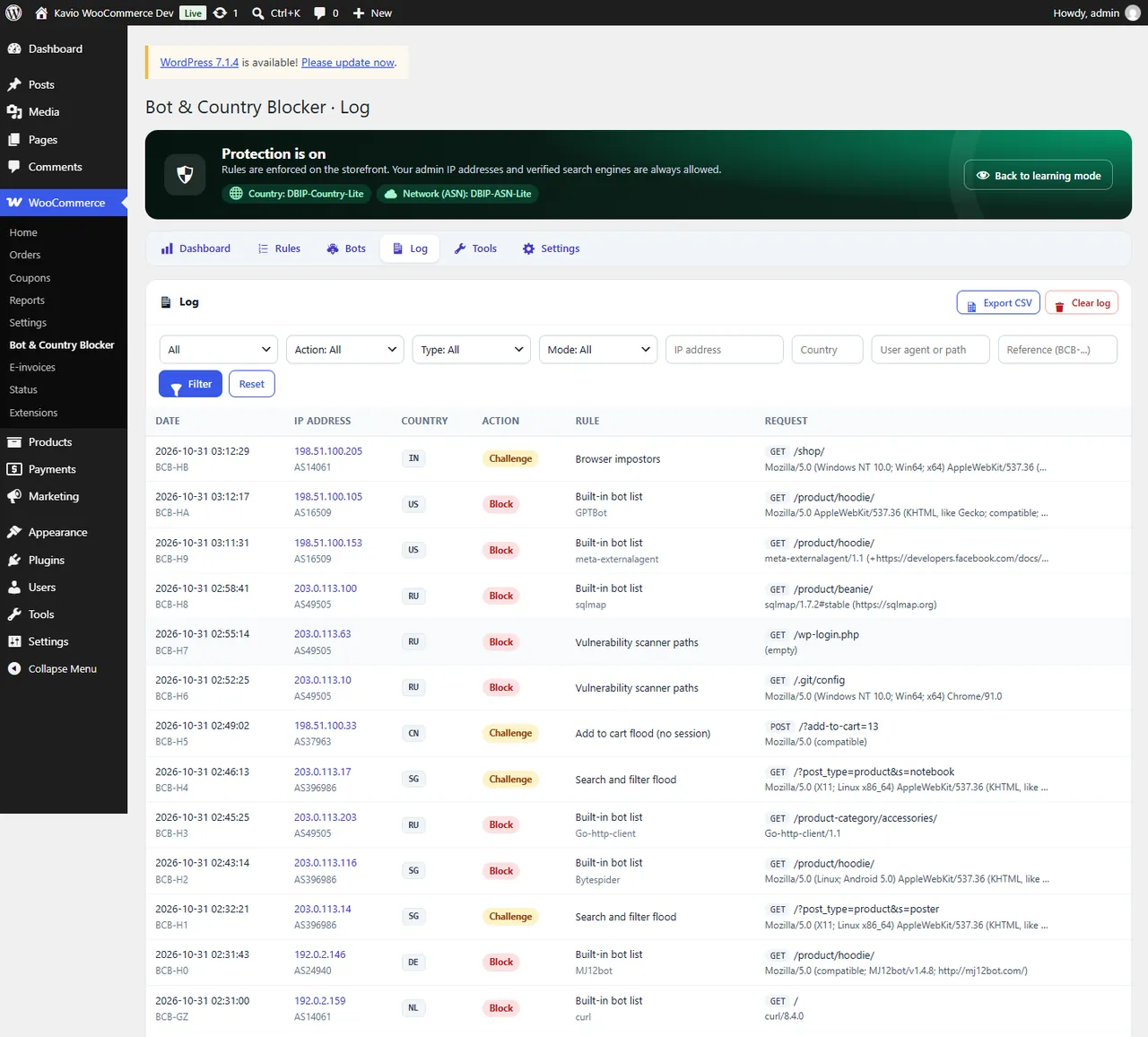 The log with filters and CSV export