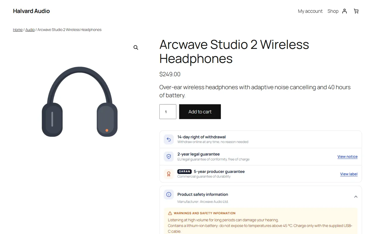 Product page with the rights panel
