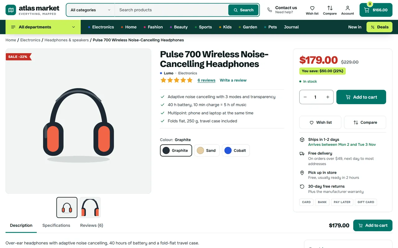 Three-column product page with the buy box