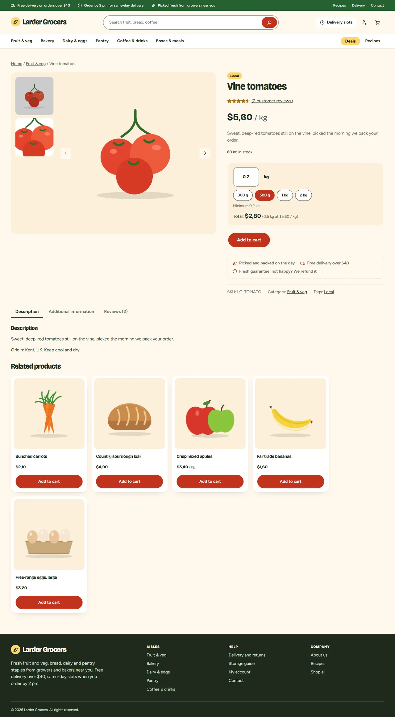 Product page with quick amounts