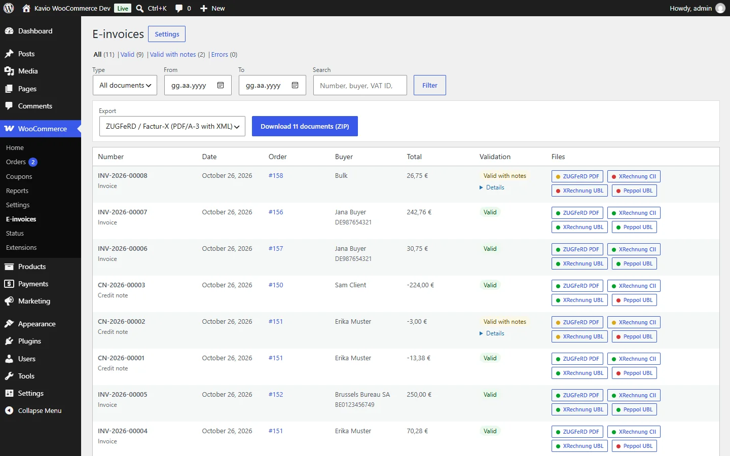 WooCommerce > E-invoices: every document, filters and ZIP export