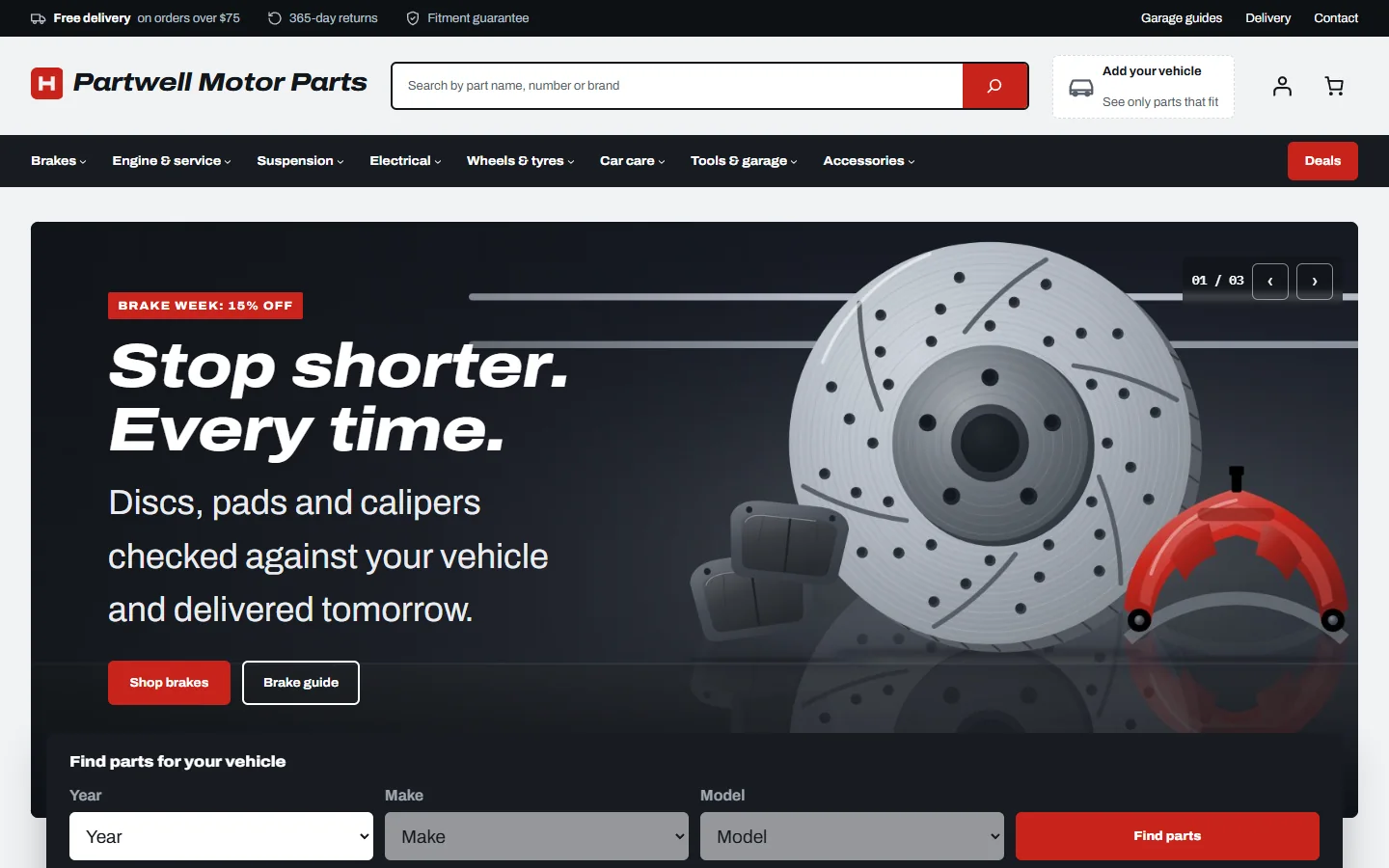 Home page: promise bar, garage finder, hero slider and the Shop by system tiles