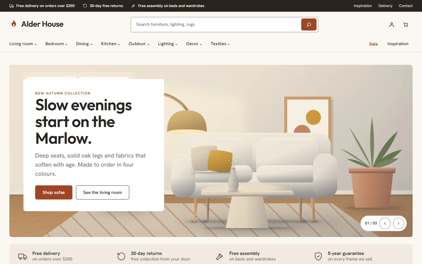 Home page: hero slider with a headline card, promise strip and the Shop by room tiles