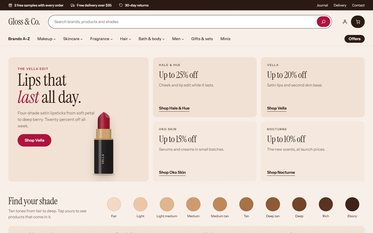 Home page: brand offer mosaic, shade strip and category bar starting with Brands A-Z