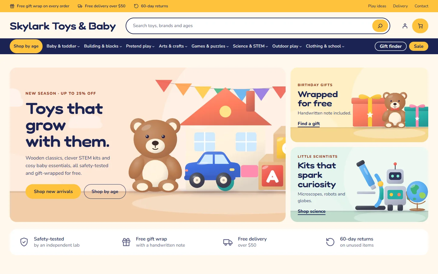 Home page: hero with promo tiles, gift wrap bar and a category bar that starts with Shop by age