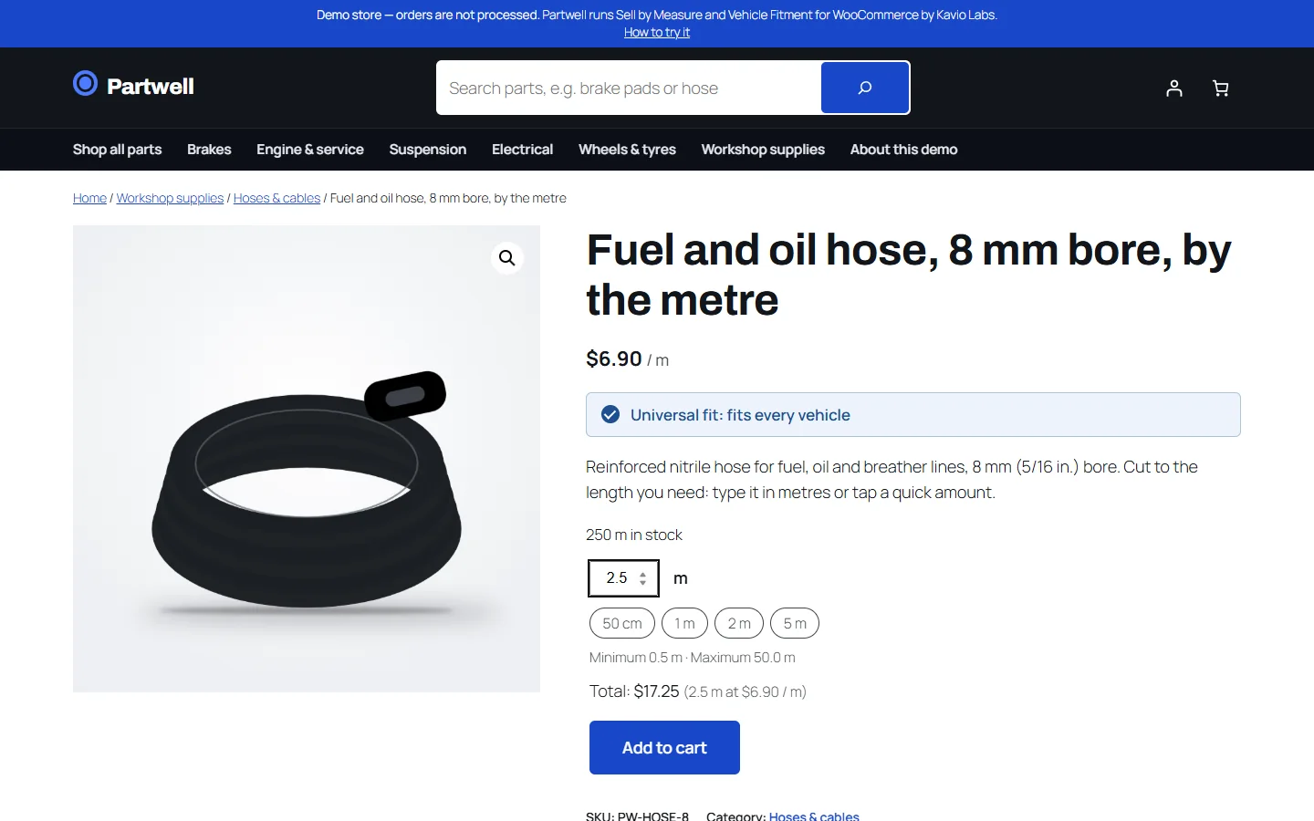 Fuel hose by the metre: amount, quick amounts and the live total