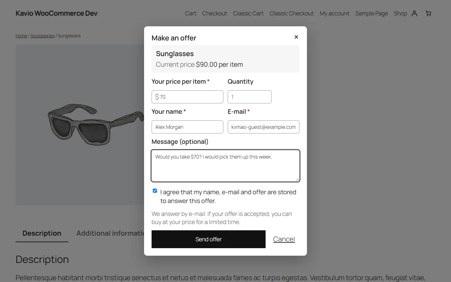 Make an offer dialog: price per item, quantity and a message, for guests and customers