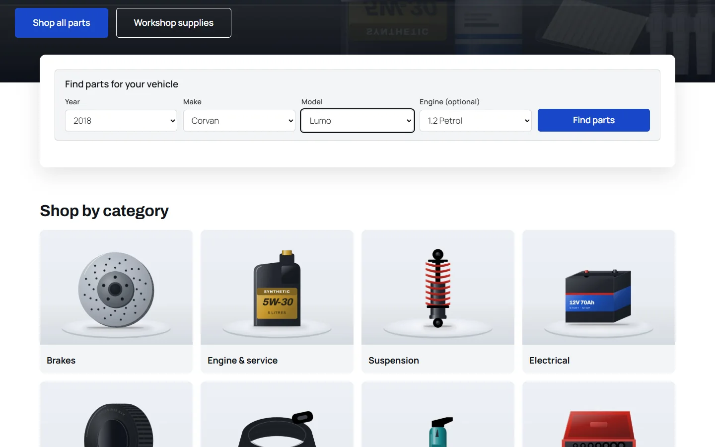 Year, make and model search on the home page