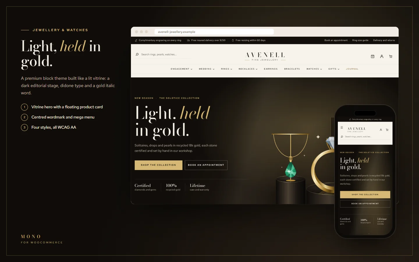 Home page: a dark vitrine hero with a spotlit solitaire, a floating product card and a centred mega menu